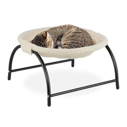 relaxdays Katzen-Hängematte, stehende Katzenhängematte aus Plüsch mit Stahlgestell, beige und schwarz, max. Traglast 10 kg, platzsparendes Design