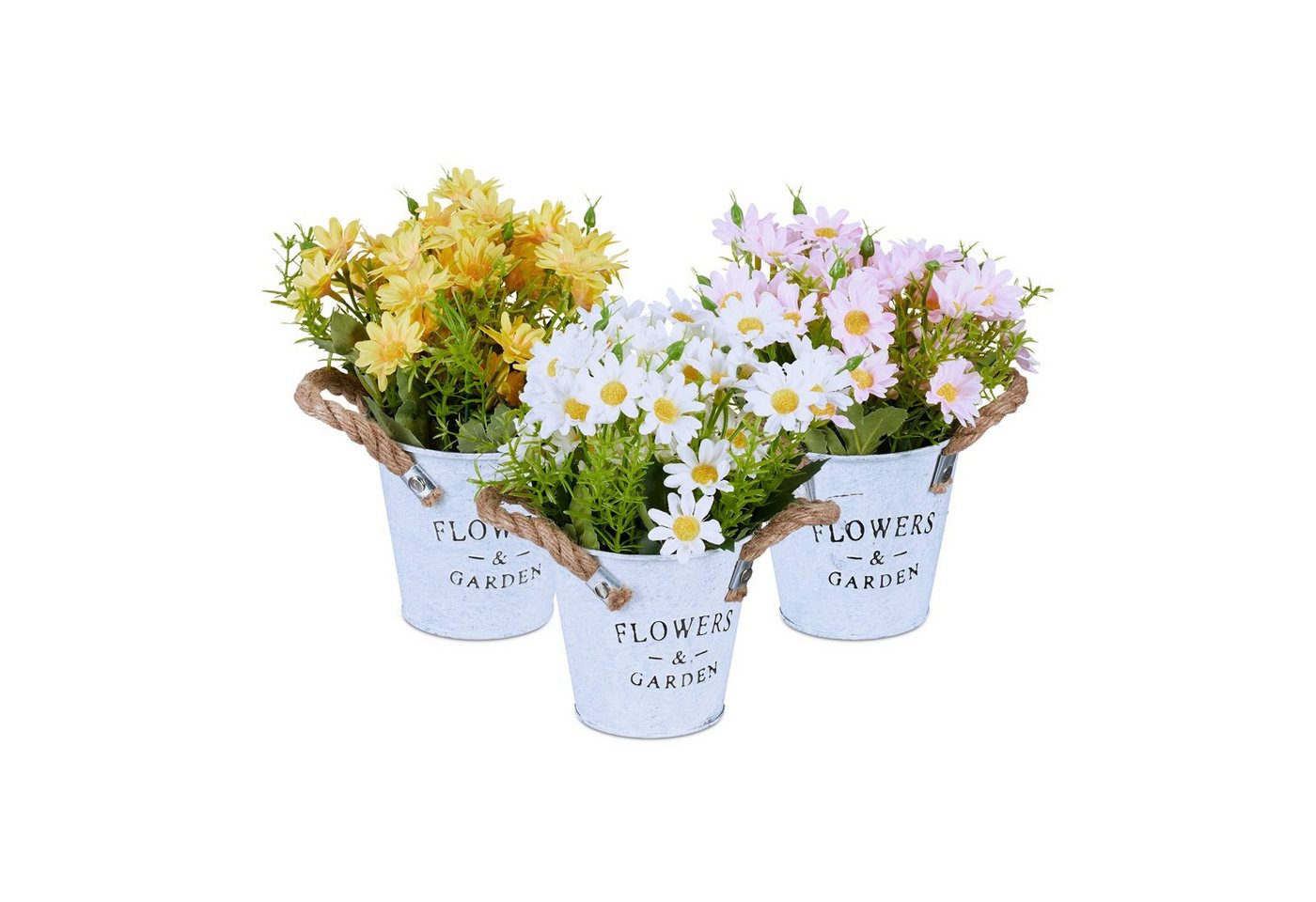 relaxdays Kunstpflanze 3er Set Kunstblumen im Topf, realistische Chrysanthemen, Höhe 20 cm, Weiß, Gelb, Rosa