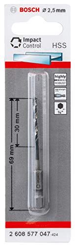 Bosch Accessories 2608577047 Metall-Spiralbohrer, 2.50 mm, HSS, geschliffen, 69 mm Gesamtlänge, für Metall und Kunststoff, Sechskantschaft 1/4-Zoll