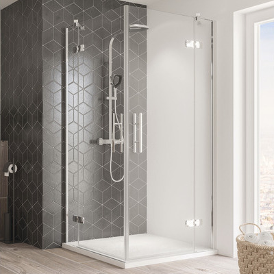 Breuer Avanta Eckeinstieg Drehtür 4-teilig, 90x120 cm, Dekor Terrazzo Weiß, Profilfarbe Chrom, flächenbündige Scharniere, Sicherheitsglas 8 mm