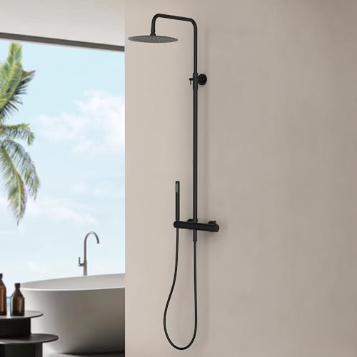 Marwell Duscharmatur Duschset Classico schwarz, verstellbare Duschstange 88-118 cm, Regendusche Ø250 mm, Handbrause mit Schlauch