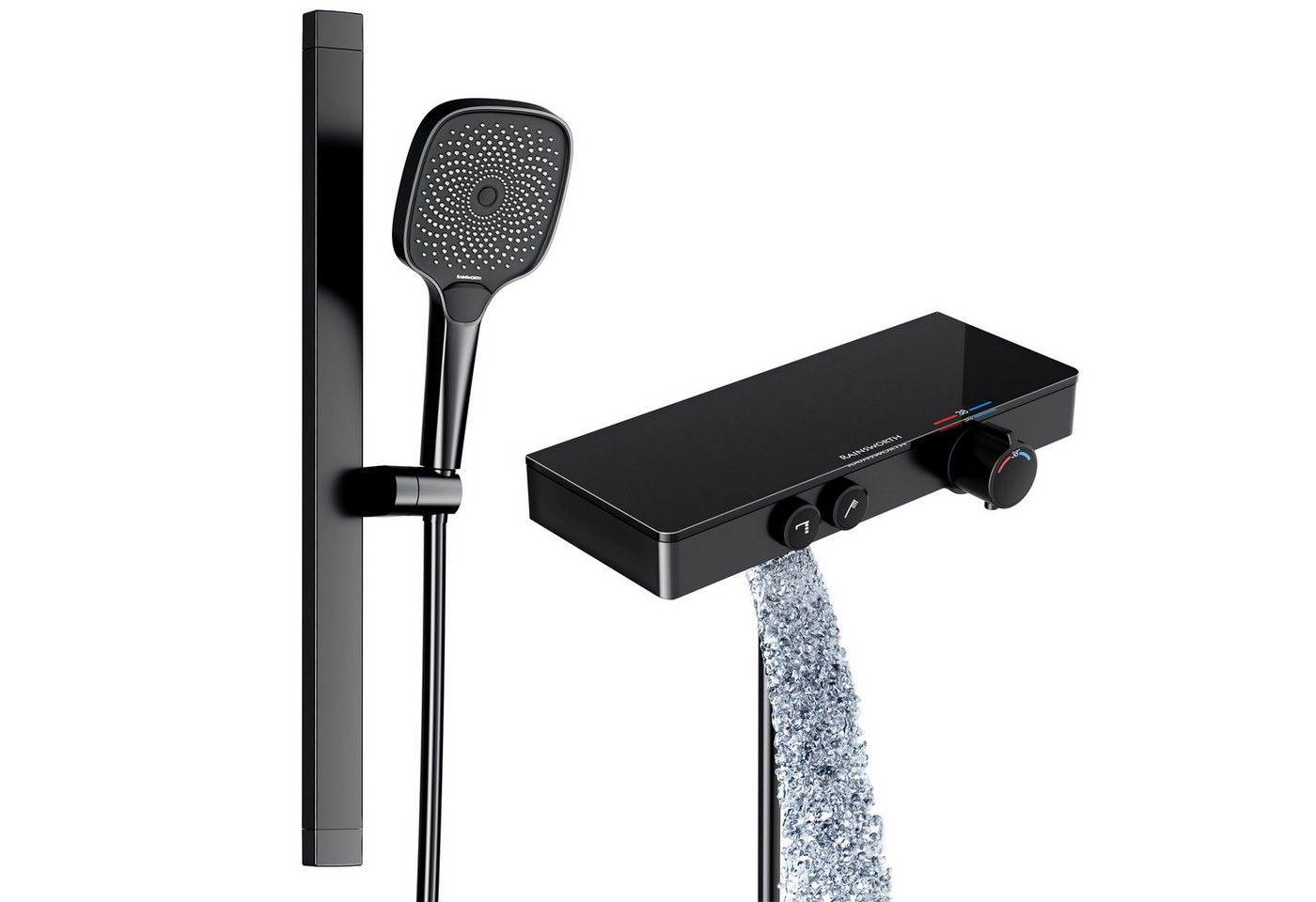Rainsworth Duschsystem mit Thermostat und Glasablage, 3 Strahlart(en), 26x26 cm, und Unterer Auslauf - Duschset Regendusche mit Armatur in Matt Schwarz - Preisvergleich