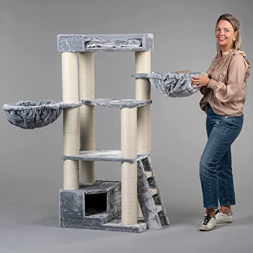 RHRQUALITY kratzbaum Grosse Katzen stabil XXL Corner Coon katzenkratzbaum für Maine Coon große katzenbaum schwere Katze kletterbaum kratzmöbel Dicker stamm (Hell Grau)