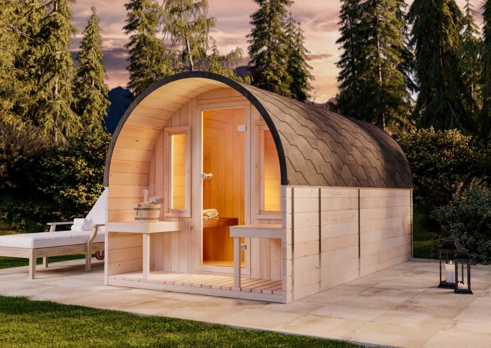 FinnTherm Fasssauna ScandiPod Deluxe, 42 mm, Thermoholz, bronzierte Fenster, langlebige Saunaliege