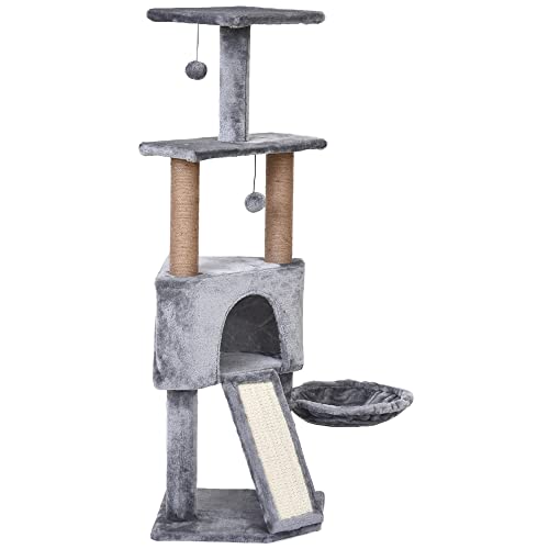PawHut Katzenbaum mit Hängebett, 4-Stock Kratzbaum, Katzenhaus mit Spielbällen, mit Sisalsäule und Kratzbrett, Plüsch Grau 40 x 40 x 124 cm
