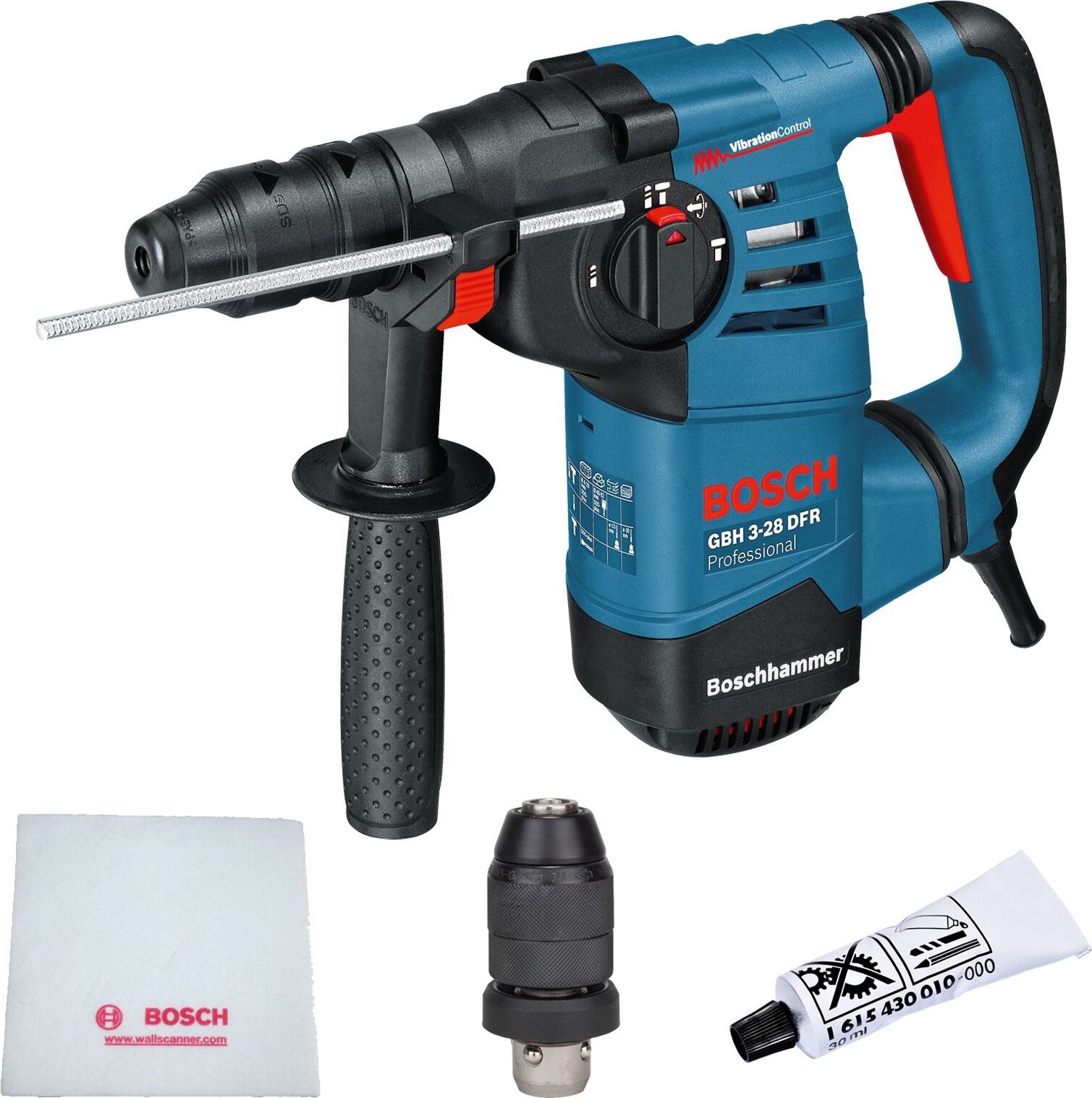 Bosch Bohrhammer GBH 3-28 DFR mit SDS plus 800 W Solo inkl. Zubehör-Set, kompakter 800-Watt-Motor in L-form, blau
