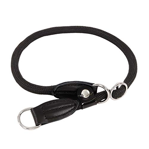 lionto Hundehalsband Nylon, Zugstopp Halsband für Hunde, 65 cm lang, 1 cm dick, Lederimitat mit Metallring, schwarz
