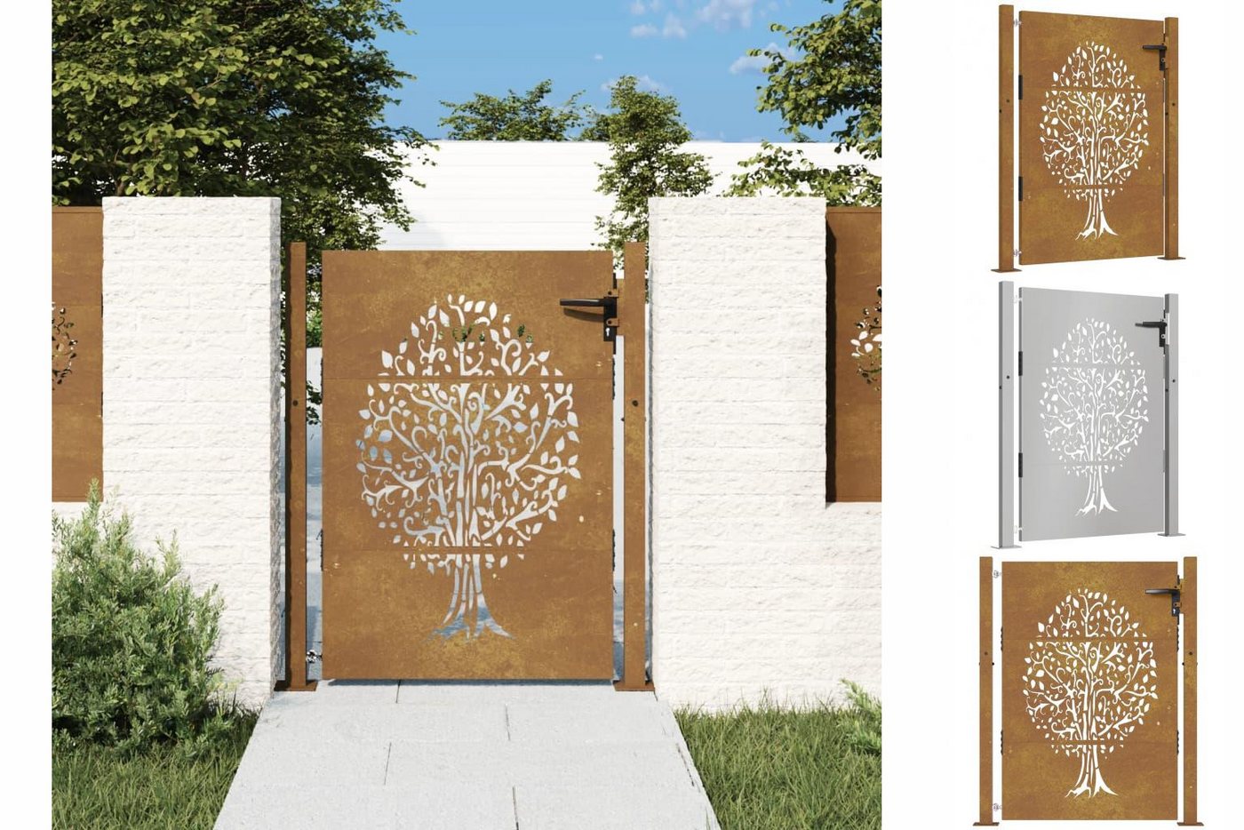 vidaXL Gartentor 105x130 cm Cortenstahl Baum-Design Abschließbar Zauntor in Rostig