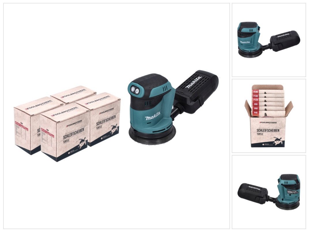 Makita Exzenterschleifer DBO 180 Z Akku Exzenterschleifer 18 V 125 mm + 4x Toolbrothers TURTLE, kabellos mit 125 mm Durchmesser