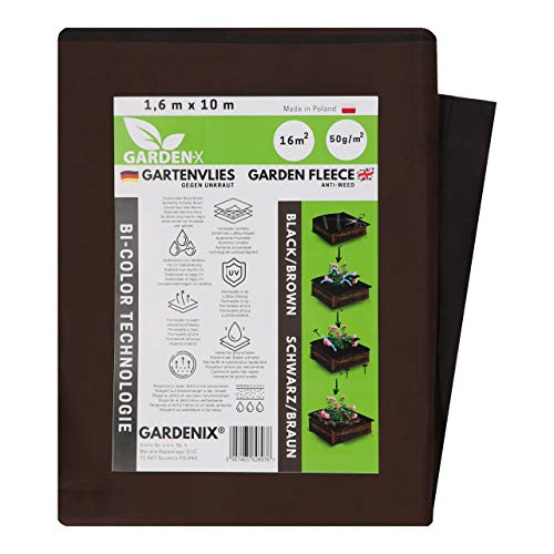 GARDENIX® 16 m² Zweifarbiges Braun/Schwarz Anti Unkrautvlies 50g/m² ‒ Gartenvlies Hohe UV-Stabilisierung reißfest und wasserdurchlässig (1,6m x 10m)