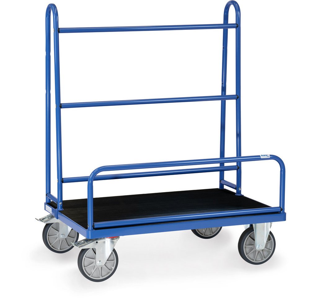 FETRA Plattenwagen 4432, Transportwagen mit rutschhemmender Ladefläche aus Holzwerkstoff und Riefengummi, blau RAL 5007