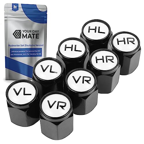 Ventilkappen aus Aluminium, 8 x beschriftete Auto-Ventilkappen mit Dichtung, Reifenmarkierer PKW, Luftventilkappen KFZ, Ventil Caps mit Beschriftung