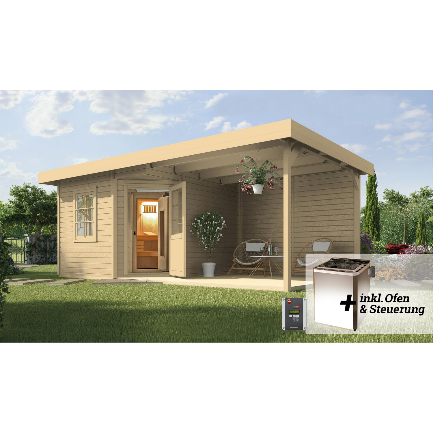 Weka Saunahaus 'Salo 2' natur mit Sauna Varberg 3 und 7,5 kW OS-Ofenset, Steuerung 601 x 298 x 237 cm
