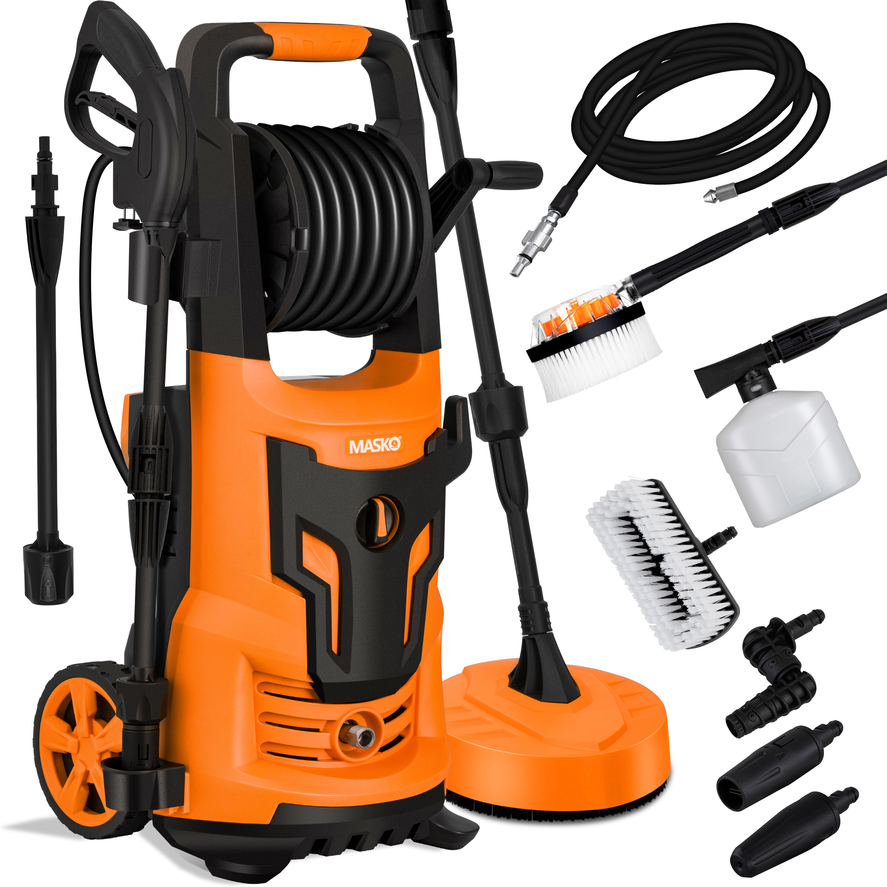 MASKO Hochdruckreiniger 2200 Watt 165 Bar 450 L-H , Mit Spule Schlauchtrommel 10M Schlauch 9.Tlg. Zubehör Set, Mit Seifenflasche Schaumdüse, Hochdruckpistole Für Autos-Zäune-Garten-Patios-Pool Orange