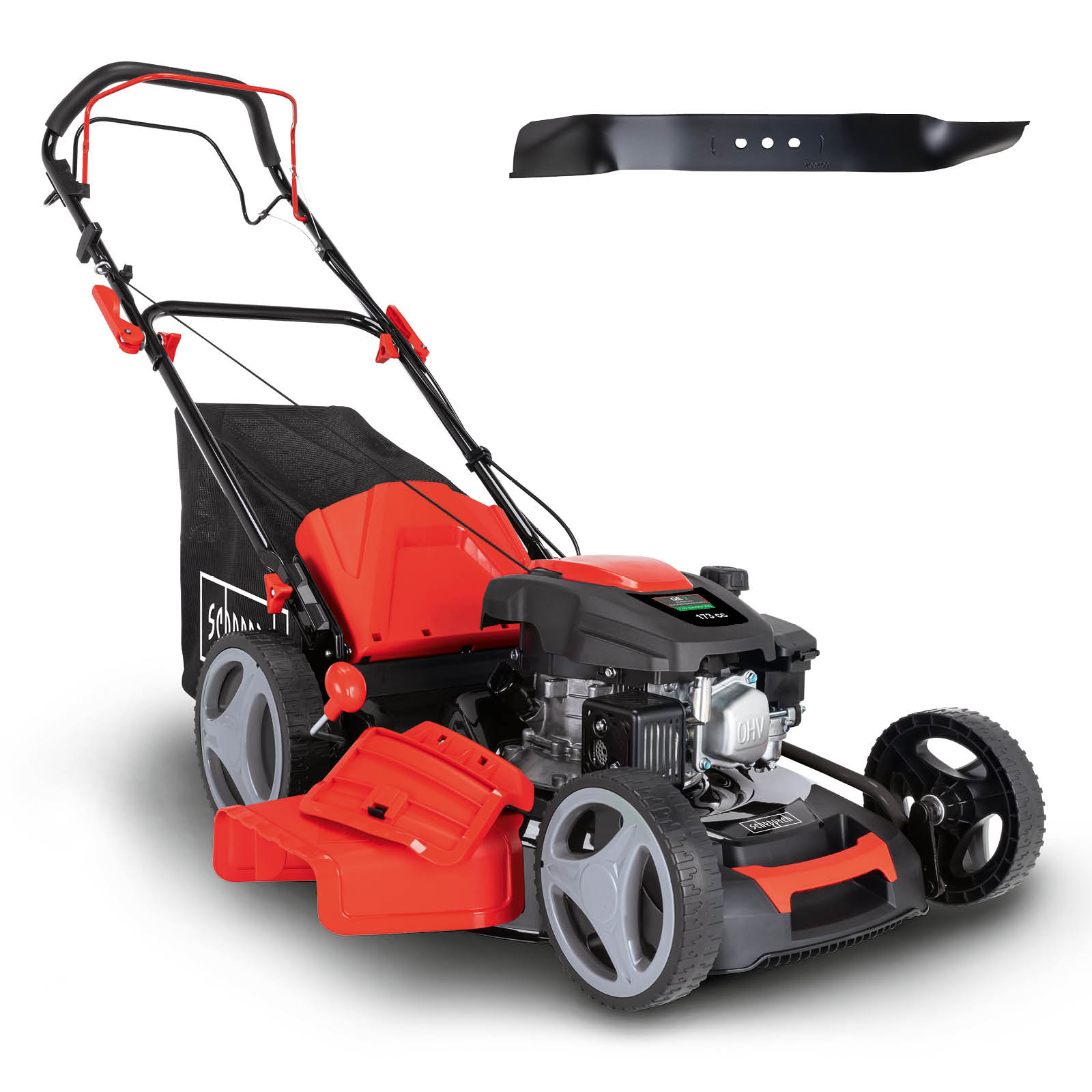 Scheppach MS173-51 Benzin Rasenmäher - 51cm Schnittbreite | Reinigungsfunktion | 65 Liter Fangkorb | Stahlgehäuse | 7-stufige Höhenverstellung | Mulchfunktion | Radantrieb | Seitenauswurf | inkl. Ersatzmesser