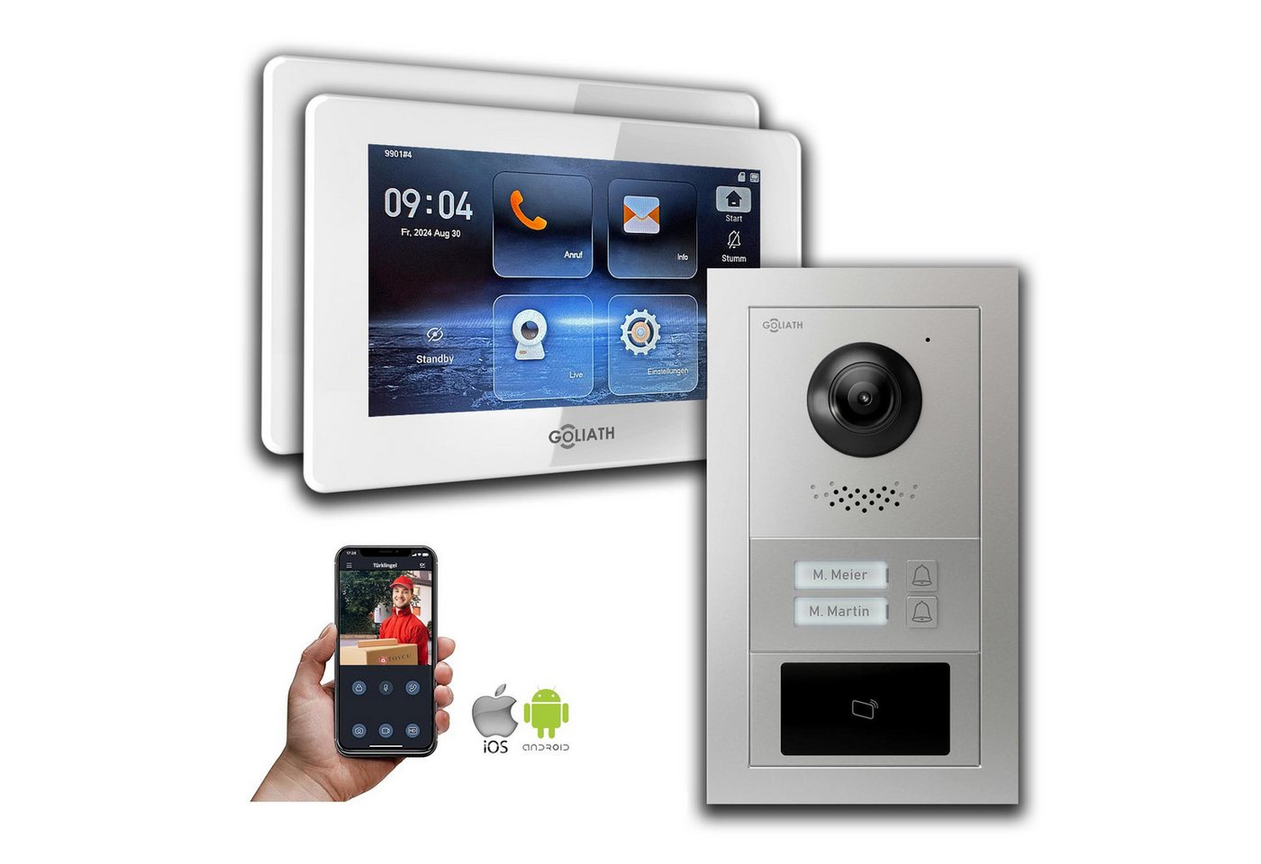 Goliath Intercom GL-IPH215 IP Video-Türsprechanlage, 7-Zoll Monitor, RFID, Silber, für 2 Familienhäuser, HD-Kamera, Fernzugriff via App