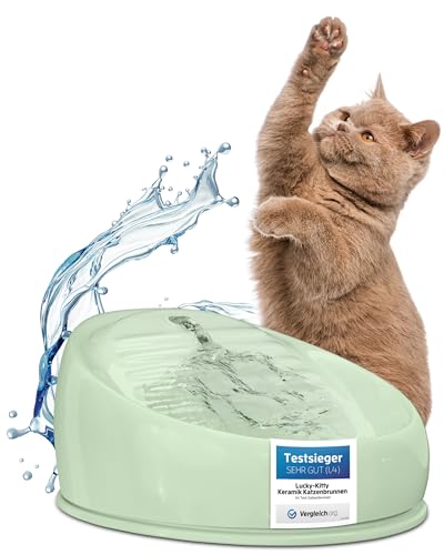Lucky-Kitty Trinkbrunnen 1,5L, Keramik Trinknapf mit Pumpe für fließendes Wasser, extralanges Kabel (2m), spülmaschinengeeignet, handgefertigt