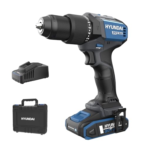 HYUNDAI Akku-Schlagbohrschrauber HD20X-60-2A1, 20V, 60 Nm, bürstenloser Motor, 2-Gang-Metallgetriebe, 13mm Metallbohrfutter, inkl. 2.0Ah Akku, Ladegerät und Koffer