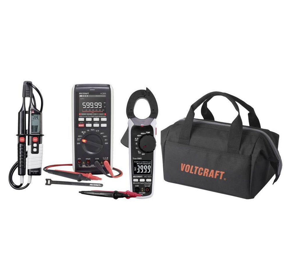 VOLTCRAFT Multimeter Messgeräteset Industrie, Datenlogger mit VC891 Digital Multimeter, AC/DC Stromzange VC-523 und Spannungsprüfer VC 65, inkl. Messgerätetasche, schwarz