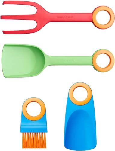 Fiskars Handgeräte-Set für Kinder, Blumenkelle, Pflanzgabel, Bürste und Pflanzkelle ohne Stiel, 4-in-1-Set, Glasfaserverstärkter Kunststoff, MyFirst Fiskars, Grün/Rot/Blau/Orange