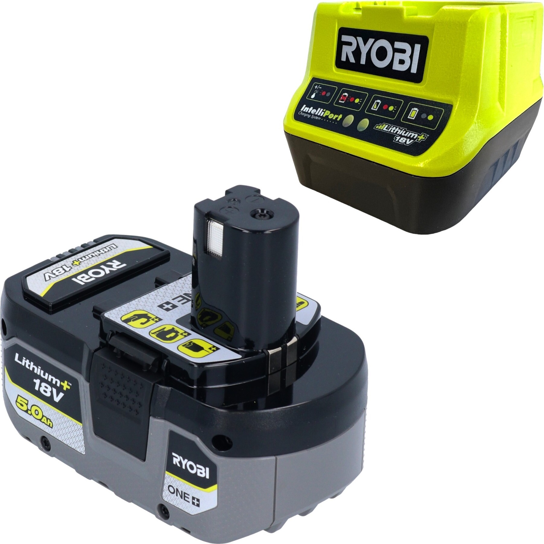 RYOBI Akku-Starterset RC18120-150X ONE+ 18 V 5,0 Ah Akku und Schnellladegerät, leistungsstarker Lithium+ Akku mit IntelliCell Technologie