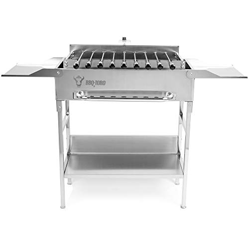 BBQ-Toro Grilltisch mit elektrischem Spiessdreher und Grillrost | Edelstahl Grill mit Drehspiess Aufsatz 9 Spießen Grillrost und Motor | mit Netzstecker und USB