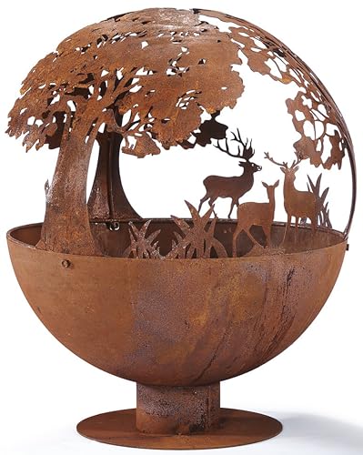 Kobolo Feuerschale Feuerkorb Forest Kugelform rund mit Motiv - Metall Rostoptik, rustikales Design mit Baum- und Hirschmotiv