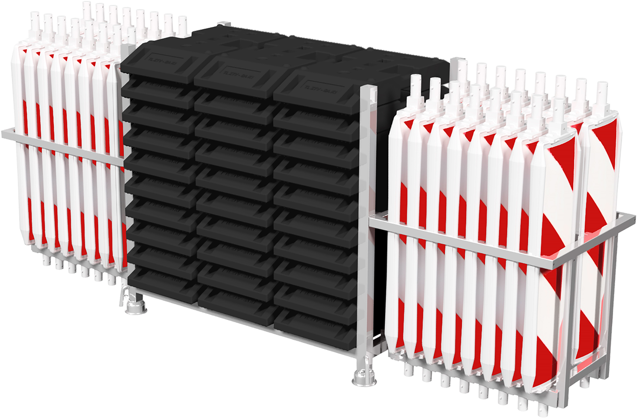 Schake Baken Set 1, 32 Stück Wendebaken mit Zubehör im Transportgestell für Baustellenabsicherung und Verkehrslenkung