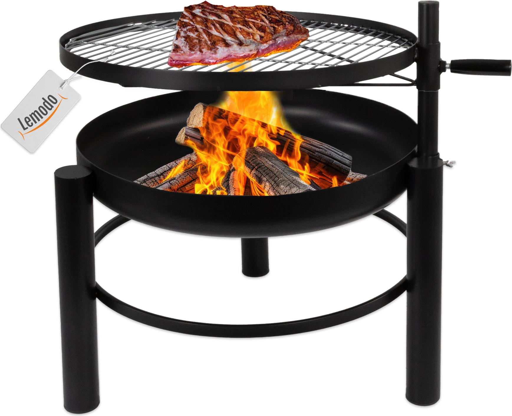 Lemodo Feuerschale mit Grillrost, höhenverstellbarer Schwenkgrill Ø60cm aus Stahl, robust und hitzebeständig