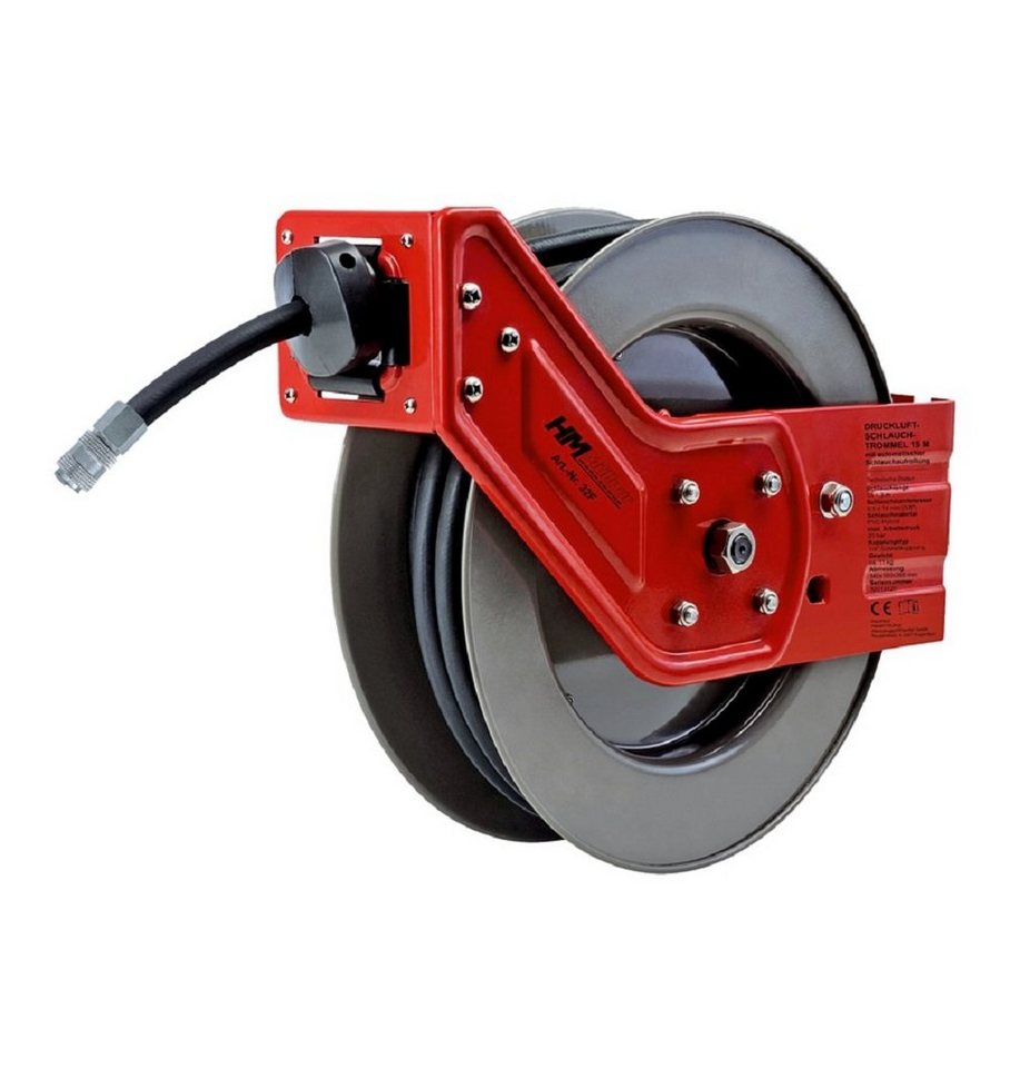 HM Müllner Werkzeuge 34F Druckluft Schlauchtrommel, automatische Schlauchaufrollung, 20 m PVC-Hybrid-Schlauch, max. 20 bar, 1/4" Schnellkupplung