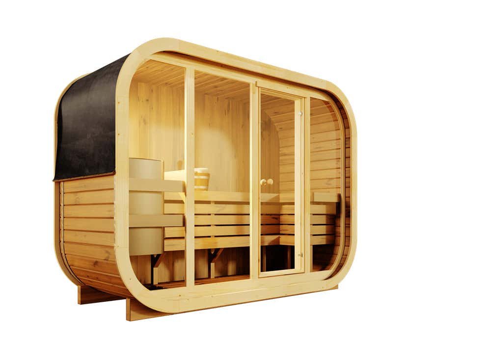 FinnTherm Fasssauna Sauna-Komplettset Ellipso L, BxTxH: 271 x 113 x 209 cm, 42 mm, Thermoholz, Elektro, 6.0 kW, silber