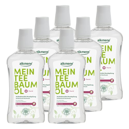 Alkmene Mein Teebaumöl antibakterielle Mundspülung 6x 500 ml mit 6fach Schutz - naturreines Teebaumöl, vegan & klimaneutral - Mundwasser für starke Zähne & gesundes Zahnfleisch - Zahnspülung