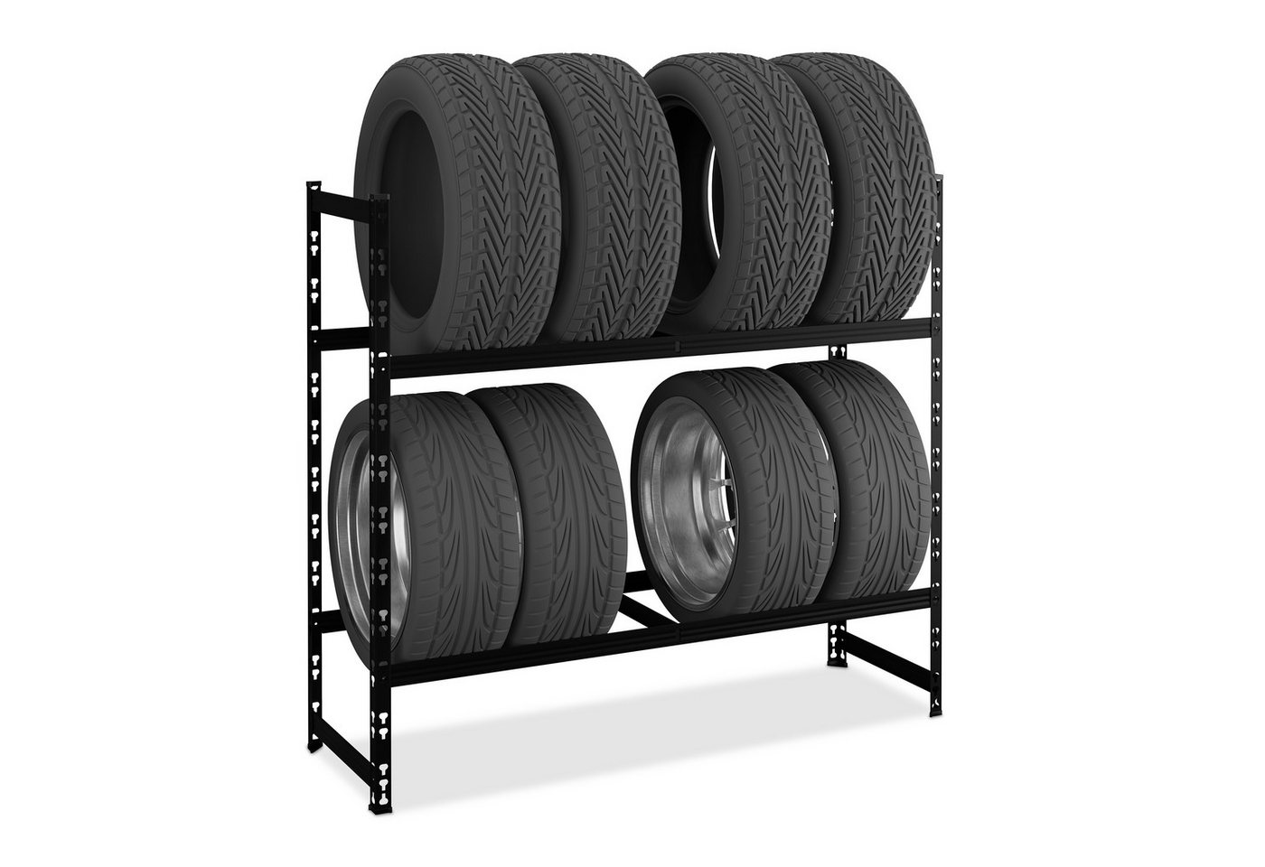 relaxdays Schwerlastregal Reifenregal für 8 Reifen, 1-tlg., Schwarz, Stahlregal mit individuell anpassbaren Ebenen