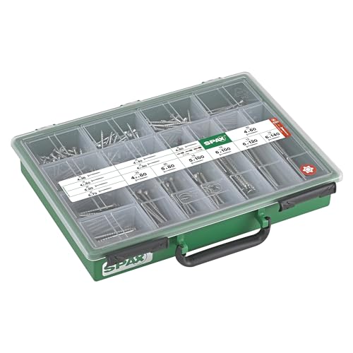 SPAX Sortiment Koffer, Schrauben-Set mit 14 Abmessungen, 387 Stück, Senkkopf, T-STAR plus, WIROX-Beschichtung