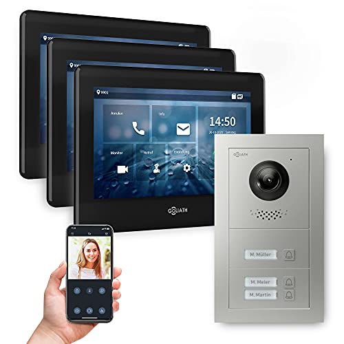 Goliath Intercom GL-HB300, 2-Draht BUS Video-Türsprechanlage mit HD-Kamera, 3 Monitore, Smartphone-Steuerung, Silber
