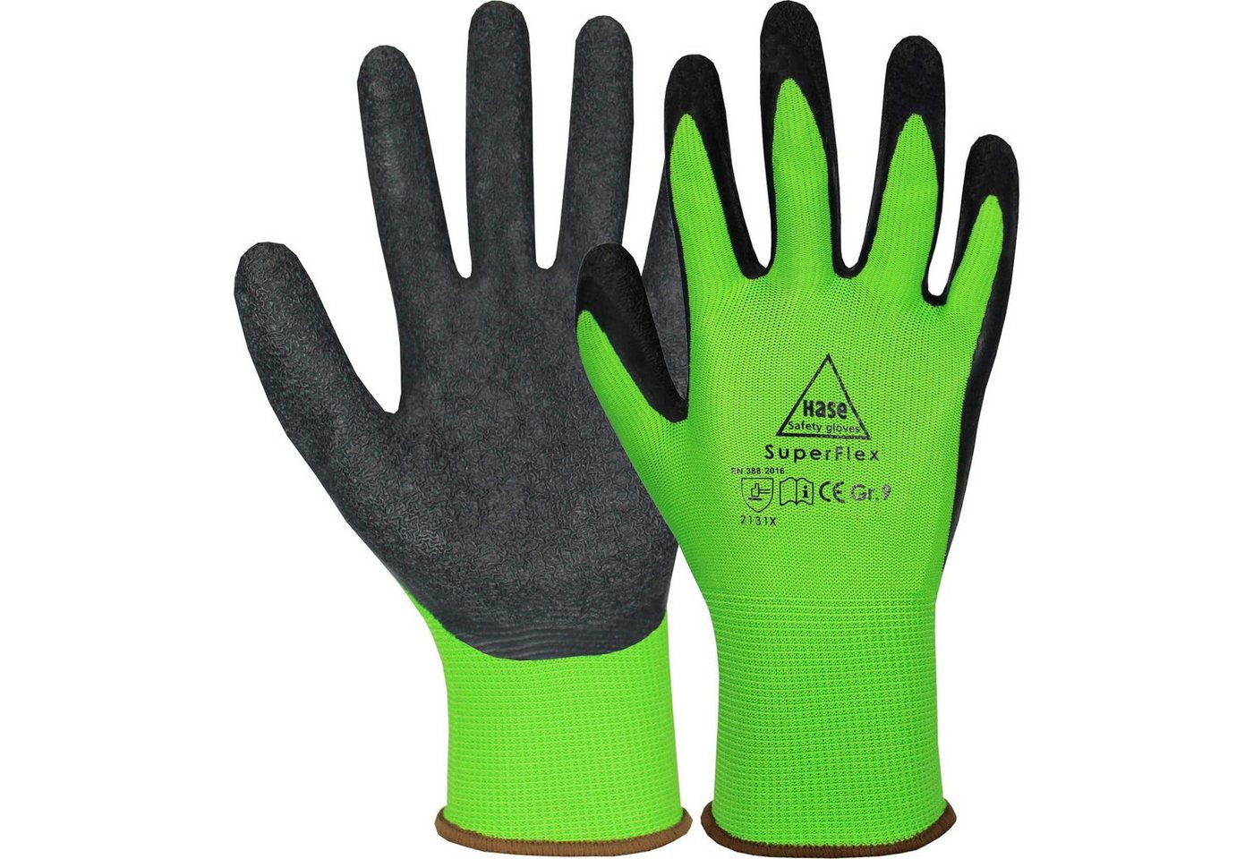 Hase Safety Gloves Superflex, grüne Arbeitshandschuhe mit Latexbeschichtung, rutschfest und atmungsaktiv, 10 Paar