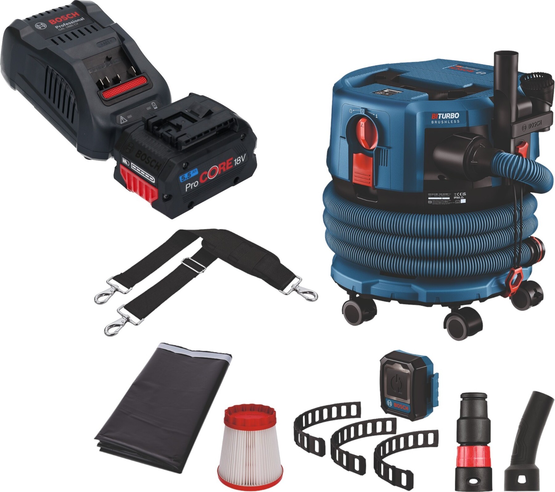 Bosch GAS 18V-12 MC Professional, Akku Nass- und Trockensauger mit BITURBO Brushless-Technologie, 5,5 Ah ProCORE Akku, Auto-Start-Modul und umfangreichem Zubehör