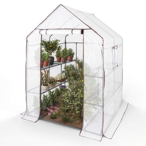 Arebos Premium Foliengewächshaus mit 3 Ebenen - 143 x 143 x 195 cm, Stabiles Treibhaus in Weiß mit Ventilationsfenster und Ablagen