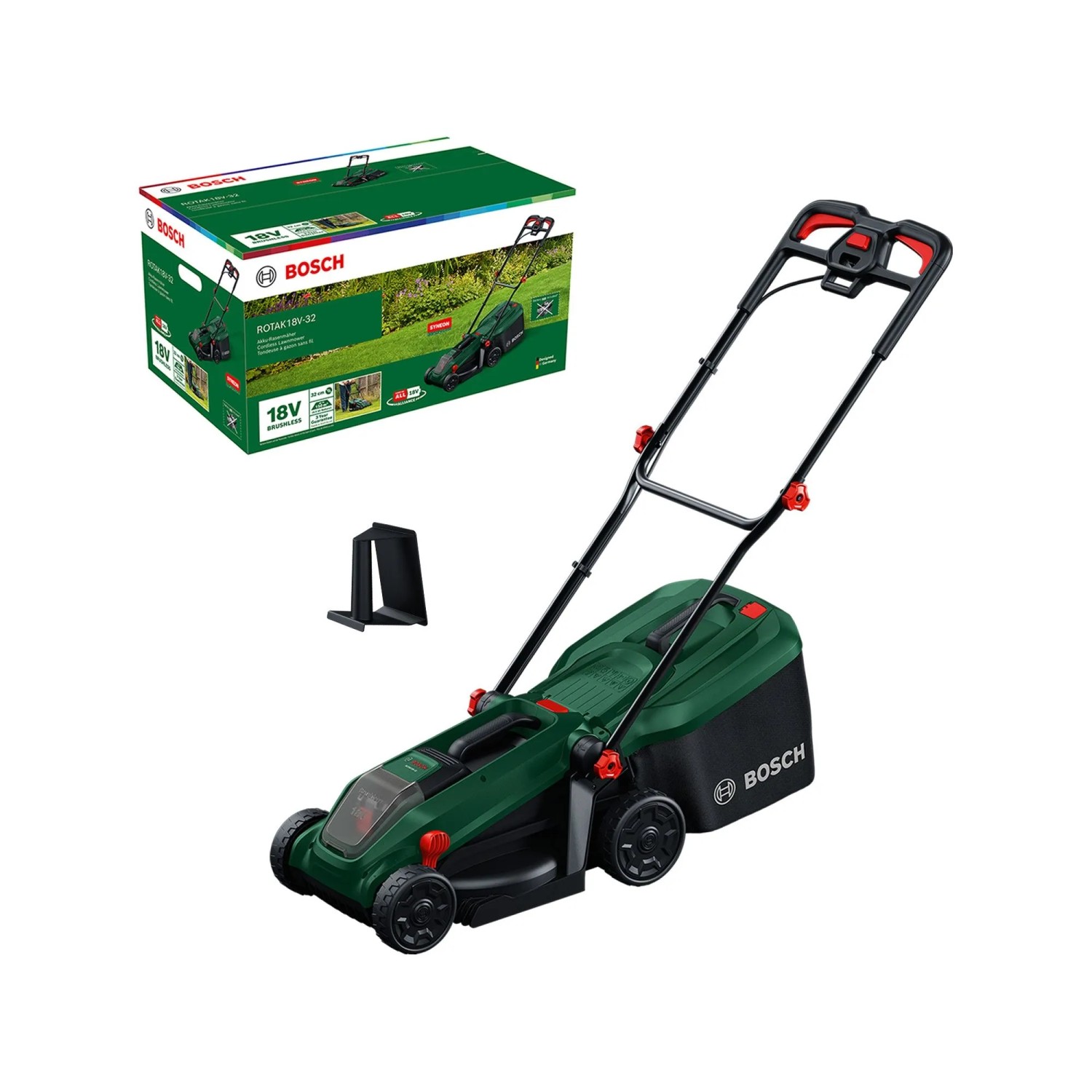 Bosch Akku-Rasenmäher Rotak18V-32 Solo, 32 cm Schnittbreite, 5-stufige Schnitthöhenverstellung, mit Mulchkit