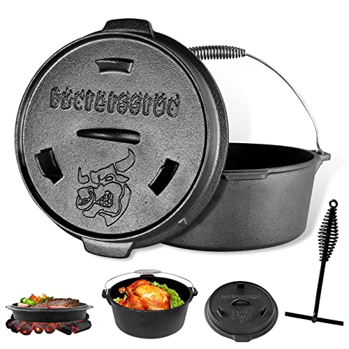 BROILISSIMO Dutch Oven Set Gusseisen, 4-6-9 L, Grilltopf mit Doppelfunktion, ideal für Grill und Camping, stabiler Deckel mit Sicherheitshebern