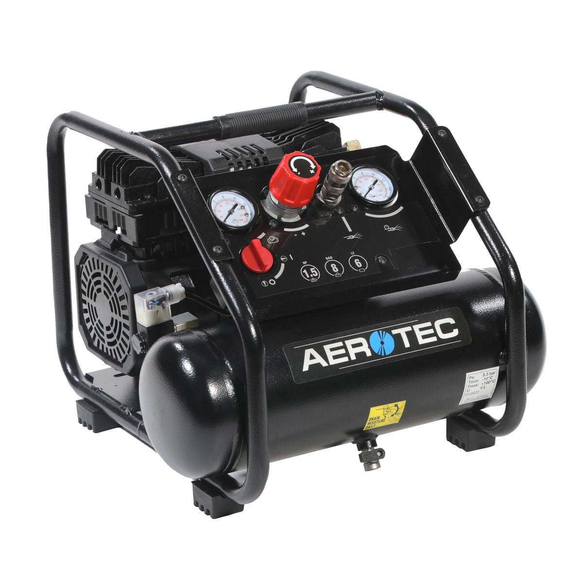 AEROTEC Kolbenkompressor Tech 160-6 Silent, ölfreier, tragbarer Montagekompressor mit geräuscharmem Betrieb und Druckminderer