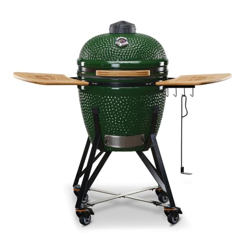 Kamado BONO Green Egg BBQ-Grill Zalgiris, Ø 55cm Holzkohlegrill mit Dual-Zone-Grillsystem, Keramik-BBQ-Smoker zum Kochen, Räuchern und Backen, inklusive Hähnchenhalter und seitlichen Tischablagen