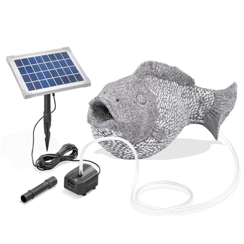 Esotec Solar Wasserspeier Set Fisch, Teichfigur mit Tauchpumpe und Solarpanel, grau, H=22cm, IP68 Wasserpumpe, wetterfest