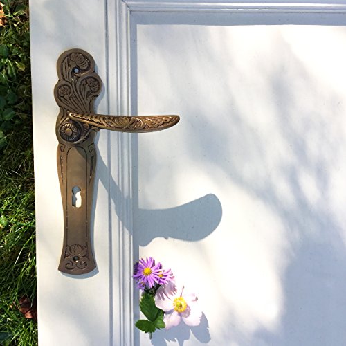 Antikas Zimmertür Garnitur Jugendstil, Messing patiniert, Klinkengarnitur mit Langschild 27 cm, 12 cm Türklinkenlänge