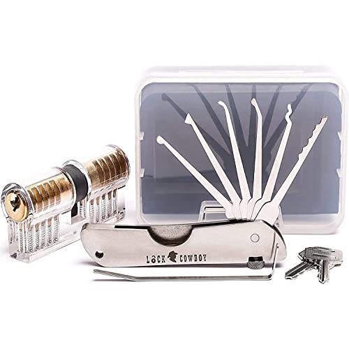 LOCK COWBOY 7 teiliges Lockpicking Set profi mit Transparentem Vorhängeschloss | Dietrich Set mit übungsschloss im Kreditkartenformat & Anleitung für Anfänger und Profis | Weihnachtsgeschenke