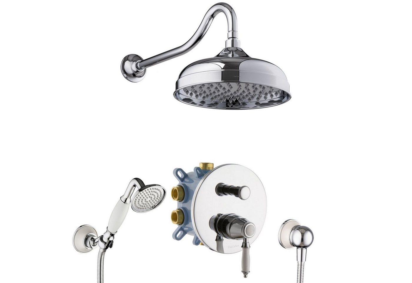 PaulGurkes Duscharmatur PGSETDUMOON1, Unterputz Armatur mit Regenbrause Ø 25 cm, verchromt, inkl. Handbrause und Brauseschlauch 120 cm Silber