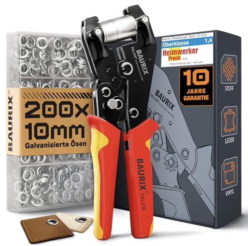 BAURIX® TALOS Ösenzange für Planen, inkl. 200 rostfreier Ösen (Ø 10mm), ohne Vorstanzen, magnetischer Halt, Karbonstahl-Werkzeug für PVC, Stoff, Leder – ideal für Schneider, Heimwerker & Bastler