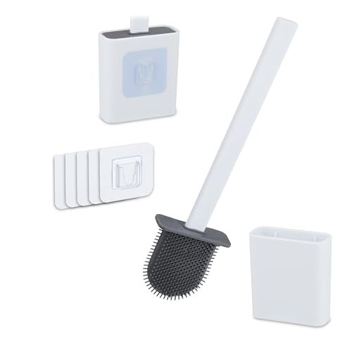 Relaxdays Toilettenbürste Kunststoff Weiß, Selbstklebend für Wandmontage mit Hygienischem Spritzschutz, 35,5 cm x 9,5 cm x 4 cm