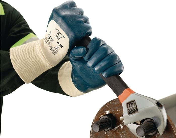 Ansell ActivArmr Hylite 47-400, Arbeitshandschuhe mit ¾ Nitrilbeschichtung, weiß/blau, EN 388 Kat. II, abriebfest, antistatisch