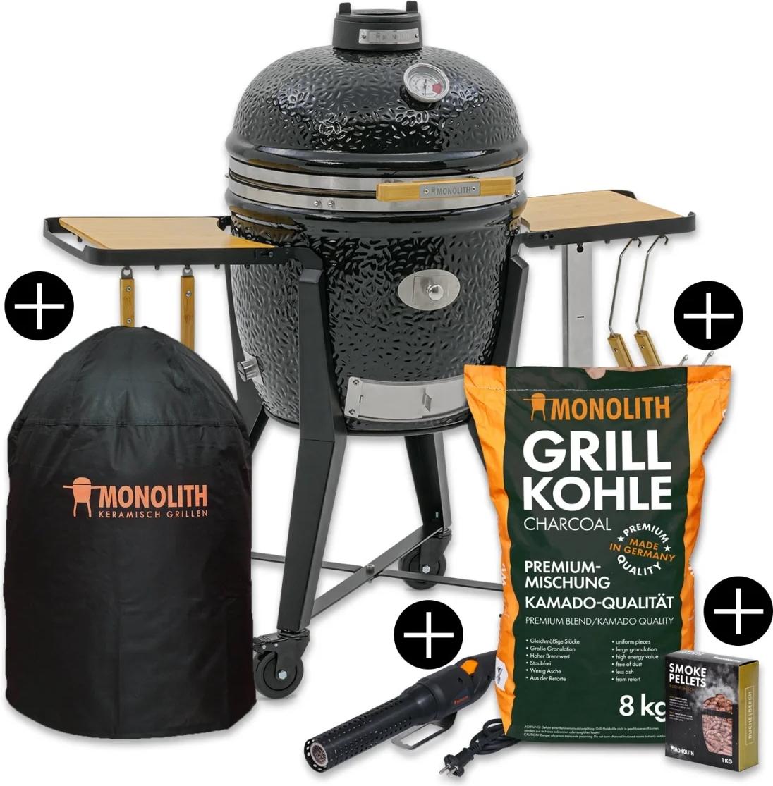 Monolith TWO.55 Keramikgrill, inkl. Gestell und Zubehör-Starterpaket, Schwarz, Ø 44 cm Grillfläche, Smart Grid System, Chip-Feeder-System